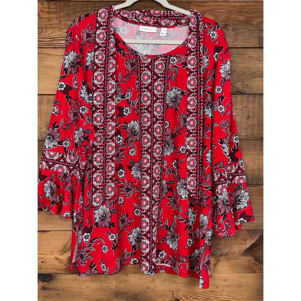 Susan Graver Tunic Top Womens XL Floral Bell Sleeve Boho Tie Neck Red